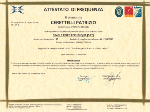 Certificato SRT Single Rope Technique di Patrizio Ceretelli