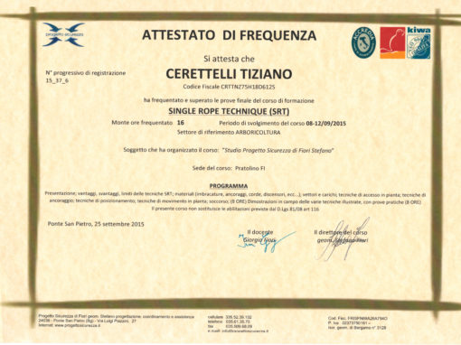 Certificato SRT Single Rope Technique di Tiziano Ceretelli